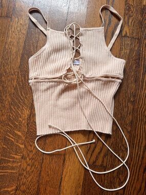 Ribbed Lace-Up Crop Top in Blush